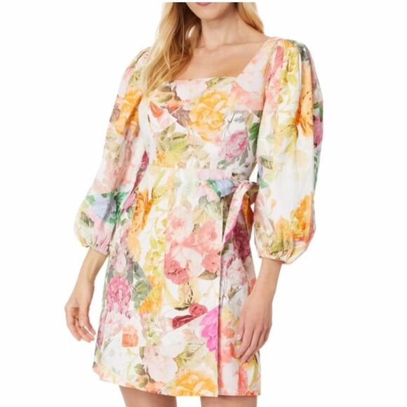 VINCE CAMUTO Pink Green Floral Print Mini Dress Tie Waist Cotton Linen 10 12 New - Picture 6 of 16